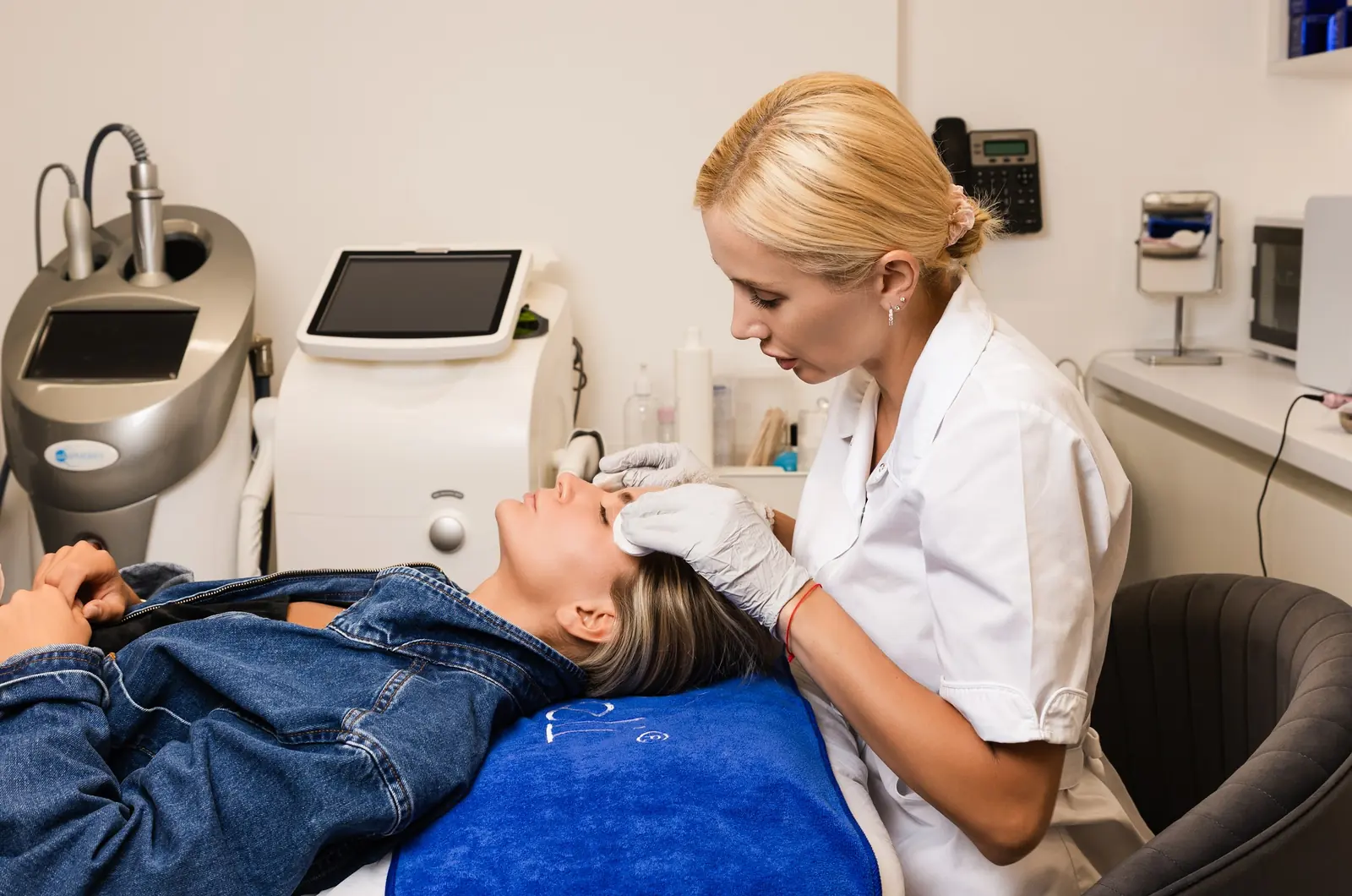 Tetyana Rishko during a facial treatment